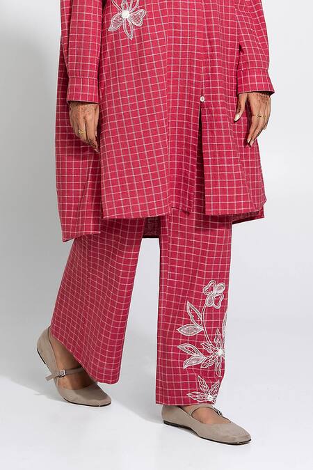 Buy_Pants And Pajamas_Red Cotton Embroidery Collared Hand Woven Tunic 