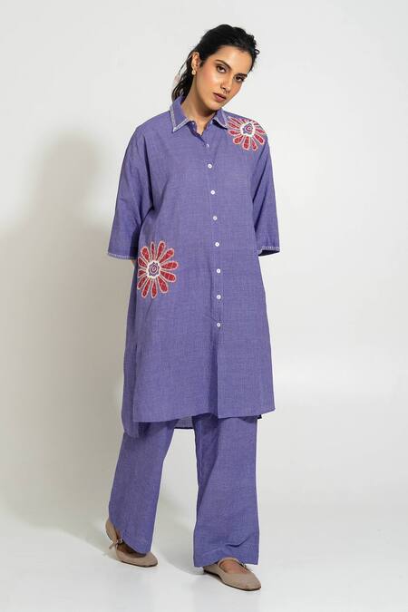Pants And Pajamas_Purple Handloom Cotton Embroidery Collared Hand Woven Tunic _Online_at_Aza_Fashions