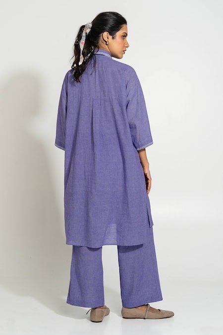 Shop_Pants And Pajamas_Purple Handloom Cotton Embroidery Collared Hand Woven Tunic _at_Aza_Fashions