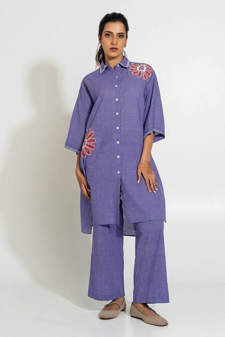 Buy_Pants And Pajamas_Purple Handloom Cotton Embroidery Collared Hand Woven Tunic _Online_at_Aza_Fashions