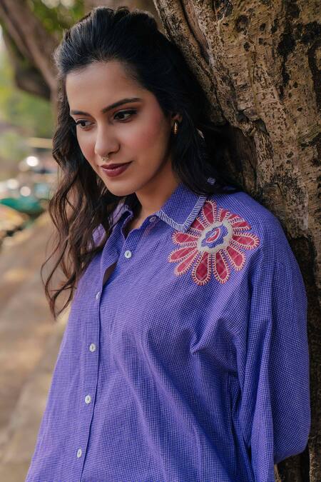 Shop_Pants And Pajamas_Purple Handloom Cotton Embroidery Collared Hand Woven Tunic _Online_at_Aza_Fashions