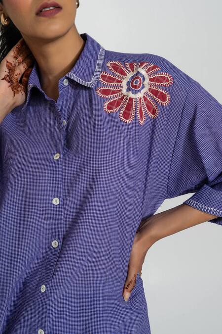 Pants And Pajamas_Purple Handloom Cotton Embroidery Collared Hand Woven Tunic _at_Aza_Fashions