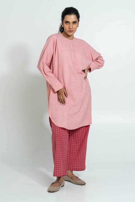 Pants And Pajamas_Pink Cotton Embroidery Round Neck Light Hand Woven Tunic _Online_at_Aza_Fashions