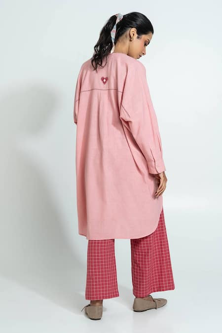 Shop_Pants And Pajamas_Pink Cotton Embroidery Round Neck Light Hand Woven Tunic _at_Aza_Fashions