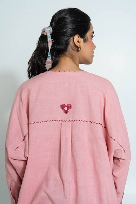 Pants And Pajamas_Pink Cotton Embroidery Round Neck Light Hand Woven Tunic _at_Aza_Fashions