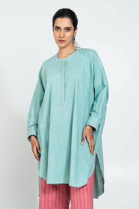 Pants And Pajamas_Aqua Handloom Cotton Embroidery Round Neck Hand Woven Tunic _Online_at_Aza_Fashions