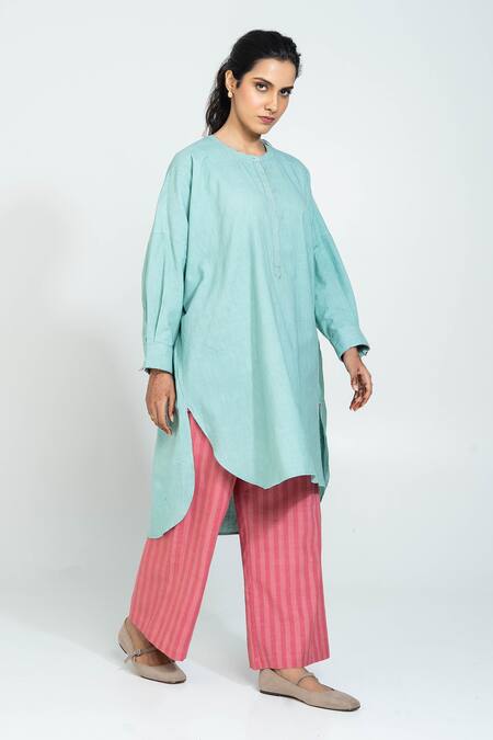 Buy_Pants And Pajamas_Aqua Handloom Cotton Embroidery Round Neck Hand Woven Tunic _Online_at_Aza_Fashions