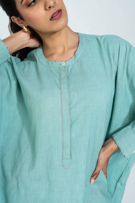 Shop_Pants And Pajamas_Aqua Handloom Cotton Embroidery Round Neck Hand Woven Tunic _Online_at_Aza_Fashions