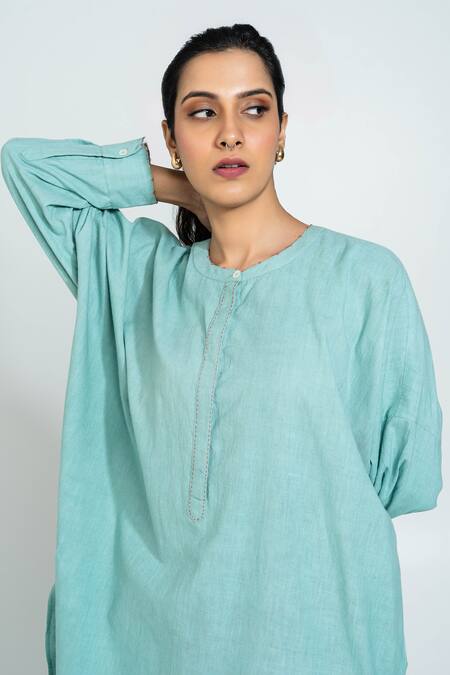 Pants And Pajamas_Aqua Handloom Cotton Embroidery Round Neck Hand Woven Tunic _at_Aza_Fashions