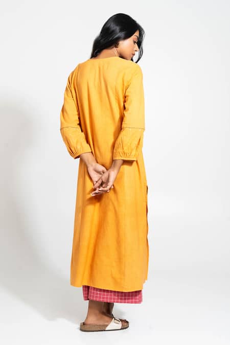 Shop_Pants And Pajamas_Mustard Handloom Cotton Embroidery V-neck Hand Woven Kurta _at_Aza_Fashions