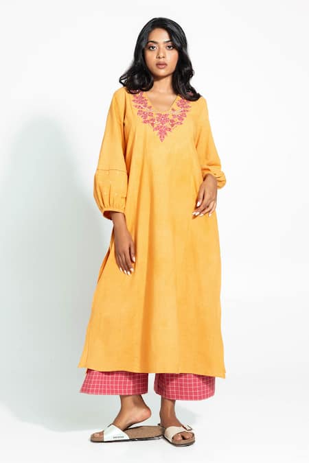 Pants And Pajamas_Mustard Handloom Cotton Embroidery V-neck Hand Woven Kurta _Online_at_Aza_Fashions
