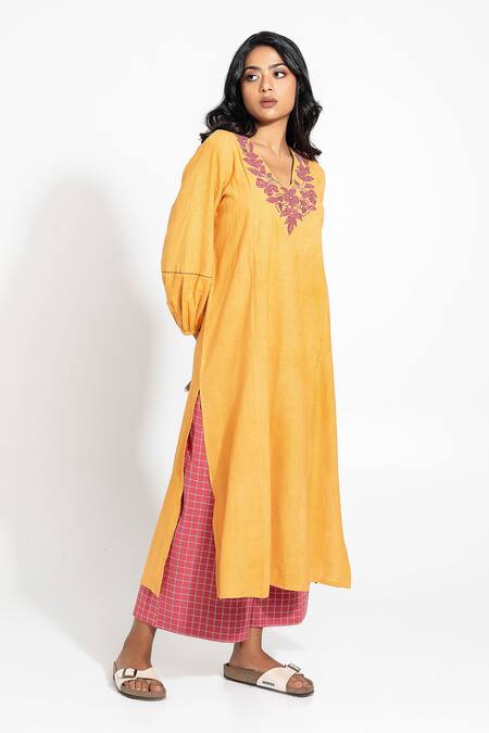 Buy_Pants And Pajamas_Mustard Handloom Cotton Embroidery V-neck Hand Woven Kurta _Online_at_Aza_Fashions