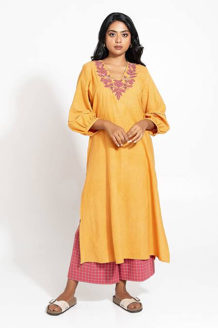 Shop_Pants And Pajamas_Mustard Handloom Cotton Embroidery V-neck Hand Woven Kurta _Online_at_Aza_Fashions