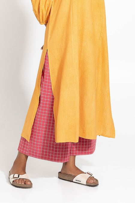 Pants And Pajamas_Mustard Handloom Cotton Embroidery V-neck Hand Woven Kurta _at_Aza_Fashions