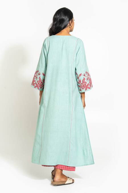 Shop_Pants And Pajamas_Aqua Handloom Cotton Embroidery, Tassels V-neck Hand Woven Kurta _at_Aza_Fashions