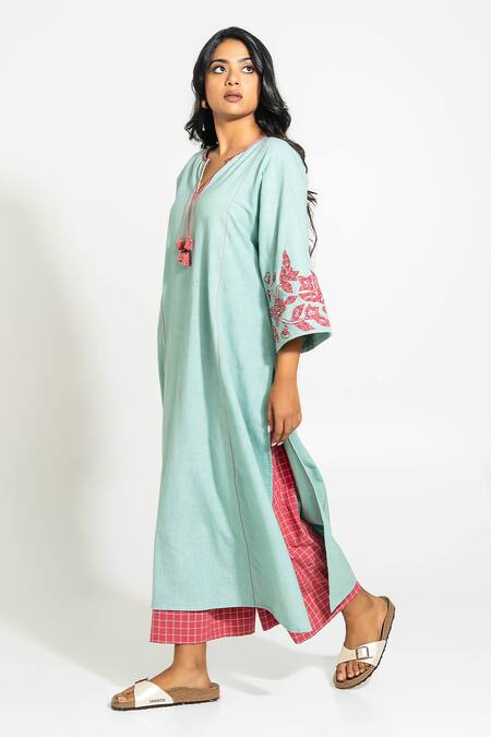 Pants And Pajamas_Aqua Handloom Cotton Embroidery, Tassels V-neck Hand Woven Kurta _Online_at_Aza_Fashions