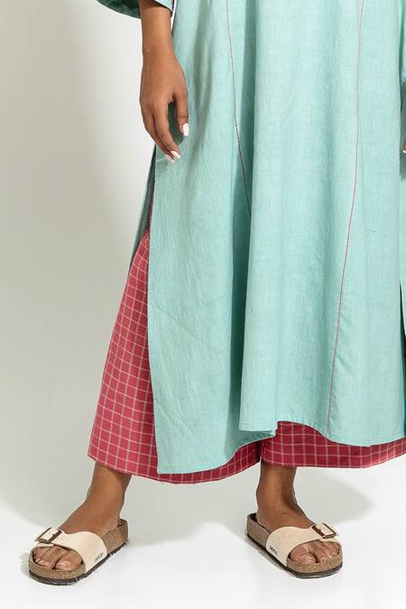 Buy_Pants And Pajamas_Aqua Handloom Cotton Embroidery, Tassels V-neck Hand Woven Kurta _Online_at_Aza_Fashions