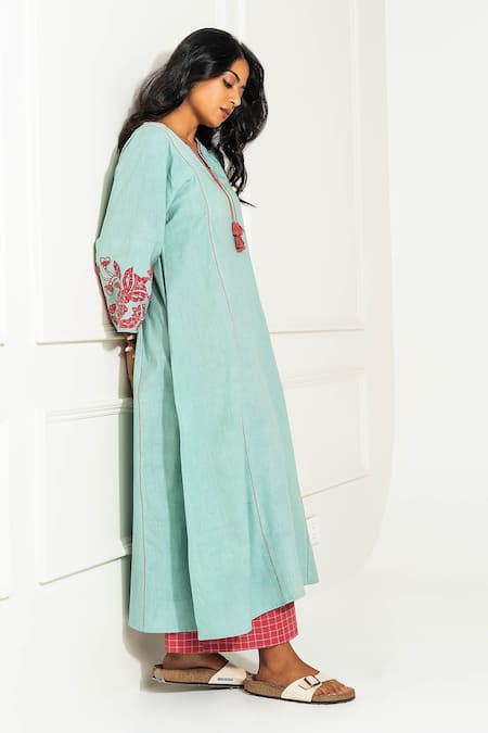 Shop_Pants And Pajamas_Aqua Handloom Cotton Embroidery, Tassels V-neck Hand Woven Kurta _Online_at_Aza_Fashions
