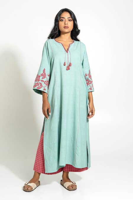 Pants And Pajamas_Aqua Handloom Cotton Embroidery, Tassels V-neck Hand Woven Kurta _at_Aza_Fashions