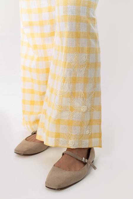 Shop_Pants And Pajamas_Yellow Cotton Embroidery Hand Woven Bottom _at_Aza_Fashions