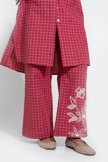 Shop Pants And Pajamas Red Handloom , Embroidery Collared Hand Woven Pant at Aza Fashions Shop_Pants And Pajamas_Red Handloom , Embroidery Collared Hand Woven Pant _at_Aza_Fashions