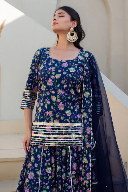 Buy Pomcha Jaipur Blue Cotton, Net Tassels Round Neck Floral Print Kurta Set With Dupatta Online at Aza Fashions Buy_Pomcha Jaipur_Blue Cotton, Net Tassels Round Neck Floral Print Kurta Set With Dupatta _Online_at_Aza_Fashions