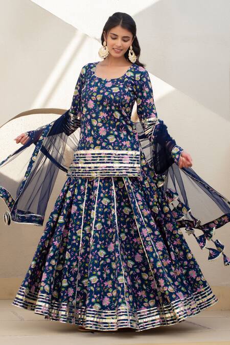 Buy Pomcha Jaipur Blue Cotton, Net Tassels Round Neck Floral Print Kurta Set With Dupatta Buy_Pomcha Jaipur_Blue Cotton, Net Tassels Round Neck Floral Print Kurta Set With Dupatta