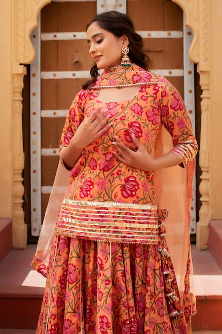 Buy_Pomcha Jaipur_Peach Cotton, Net Embroidery, Ruffles Round Neck Floral Kurta Set With Dupatta _Online_at_Aza_Fashions