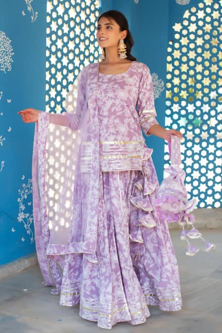 Buy_Pomcha Jaipur_Lilac Cotton, Net Lace Round Neck Printed Kurta Set With Dupatta _Online_at_Aza_Fashions