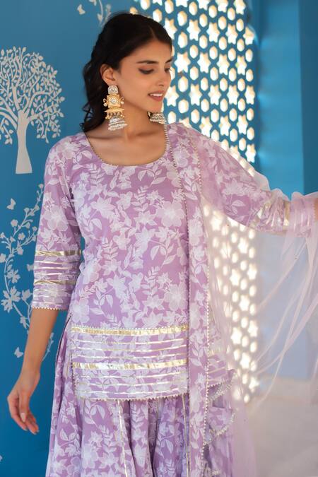 Shop_Pomcha Jaipur_Lilac Cotton, Net Lace Round Neck Printed Kurta Set With Dupatta _Online_at_Aza_Fashions