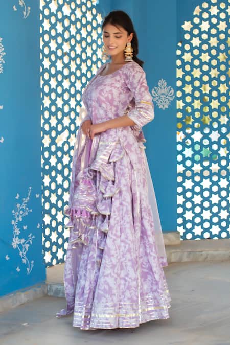 Pomcha Jaipur_Lilac Cotton, Net Lace Round Neck Printed Kurta Set With Dupatta _at_Aza_Fashions