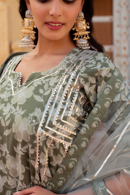 Shop Pomcha Jaipur Green Cotton, Net Embroidery V-neck Floral Printed Anarkali Kurta Set Online at Aza Fashions Shop_Pomcha Jaipur_Green Cotton, Net Embroidery V-neck Floral Printed Anarkali Kurta Set _Online_at_Aza_Fashions