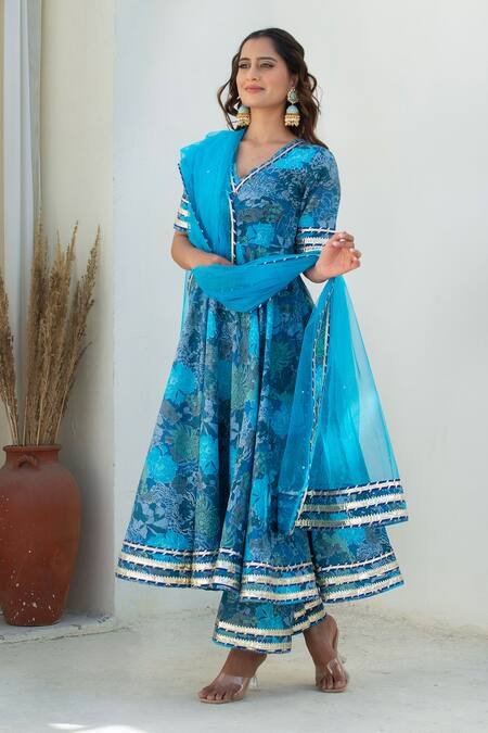 Buy Pomcha Jaipur Blue Cotton, Net Embroidery V-neck Printed Anarkali Kurta Set Online at Aza Fashions Buy_Pomcha Jaipur_Blue Cotton, Net Embroidery V-neck Printed Anarkali Kurta Set _Online_at_Aza_Fashions