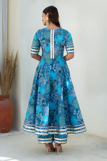 Pomcha Jaipur Blue Cotton, Net Embroidery V-neck Printed Anarkali Kurta Set Online at Aza Fashions Pomcha Jaipur_Blue Cotton, Net Embroidery V-neck Printed Anarkali Kurta Set _Online_at_Aza_Fashions