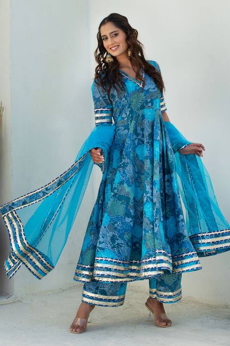 Buy Pomcha Jaipur Blue Cotton, Net Embroidery V-neck Printed Anarkali Kurta Set Buy_Pomcha Jaipur_Blue Cotton, Net Embroidery V-neck Printed Anarkali Kurta Set