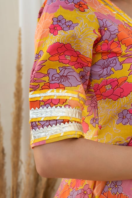 Buy Pomcha Jaipur Yellow Cotton, Net Tassels V-neck Floral Print Anarkali Kurta Set Online at Aza Fashions Buy_Pomcha Jaipur_Yellow Cotton, Net Tassels V-neck Floral Print Anarkali Kurta Set _Online_at_Aza_Fashions