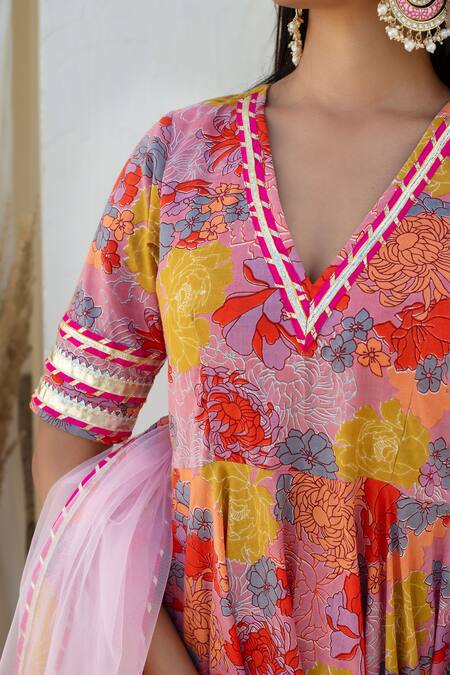 Buy Pomcha Jaipur Pink Cotton, Net V-neck Floral Printed Anarkali Kurta Set Buy_Pomcha Jaipur_Pink Cotton, Net V-neck Floral Printed Anarkali Kurta Set