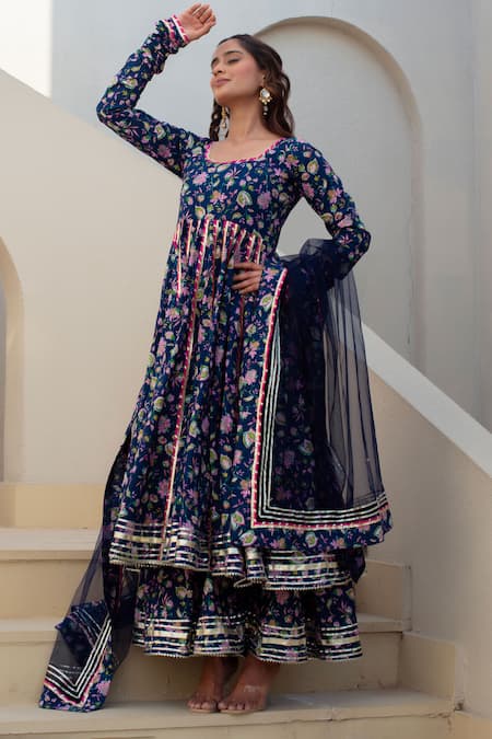 Buy Pomcha Jaipur Blue Cotton, Net Square Neck Floral Print Anarkali Kurta Set Online at Aza Fashions Buy_Pomcha Jaipur_Blue Cotton, Net Square Neck Floral Print Anarkali Kurta Set _Online_at_Aza_Fashions