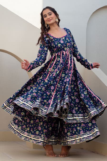 Shop Pomcha Jaipur Blue Cotton, Net Square Neck Floral Print Anarkali Kurta Set Online at Aza Fashions Shop_Pomcha Jaipur_Blue Cotton, Net Square Neck Floral Print Anarkali Kurta Set _Online_at_Aza_Fashions