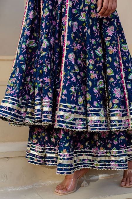 Buy Pomcha Jaipur Blue Cotton, Net Square Neck Floral Print Anarkali Kurta Set Buy_Pomcha Jaipur_Blue Cotton, Net Square Neck Floral Print Anarkali Kurta Set