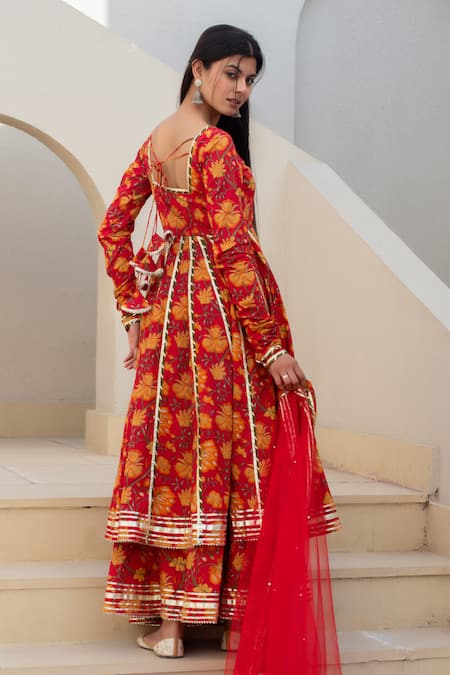 Pomcha Jaipur Red Floral Anarkali Set With Dupatta 