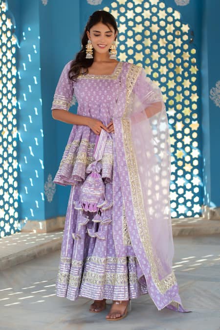 Buy_Pomcha Jaipur_Lilac Cotton, Net Embroidery Square Neck Printed Kurta Set  _Online_at_Aza_Fashions