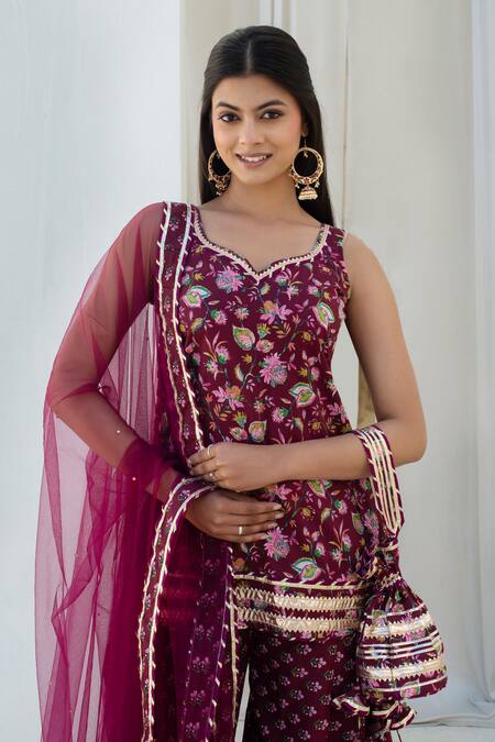 Shop_Pomcha Jaipur_Wine Cotton, Net Embroidery V-neck Printed Kurta Set With Dhoti Pant _Online_at_Aza_Fashions