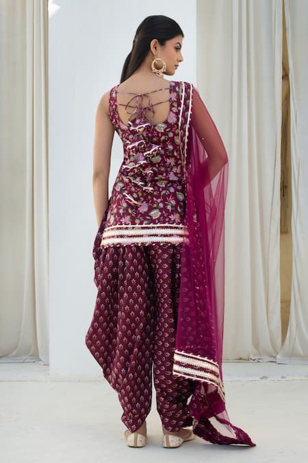 Pomcha Jaipur Printed Wine Kurta Set With Dhoti Pant 