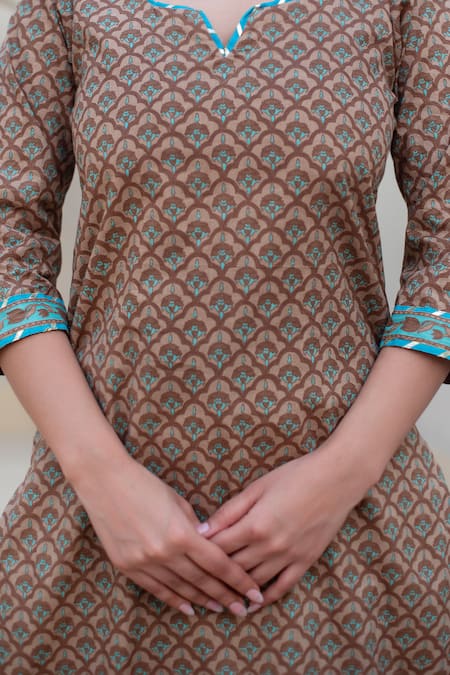 Buy Pomcha Jaipur Brown Cotton Open Neck Printed Kurta Set With Dupatta Buy_Pomcha Jaipur_Brown Cotton Open Neck Printed Kurta Set With Dupatta