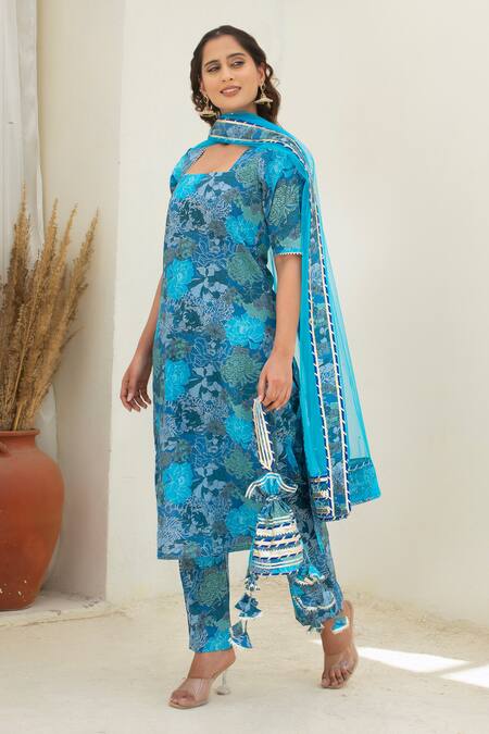 Shop Pomcha Jaipur Blue Cotton, Net Square Neck Printed Straight Kurta Set Online at Aza Fashions Shop_Pomcha Jaipur_Blue Cotton, Net Square Neck Printed Straight Kurta Set _Online_at_Aza_Fashions