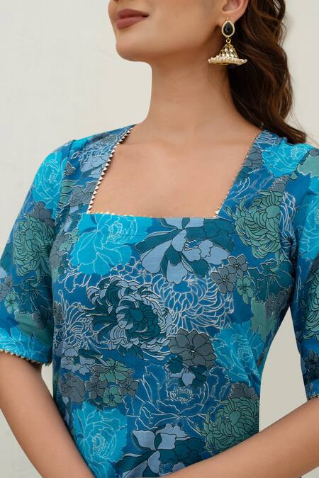 Buy Pomcha Jaipur Blue Cotton, Net Square Neck Printed Straight Kurta Set Buy_Pomcha Jaipur_Blue Cotton, Net Square Neck Printed Straight Kurta Set