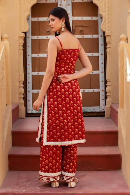 Pomcha Jaipur Printed Red Kurta Set With Dupatta 