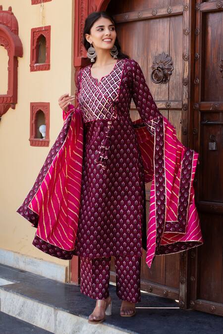 Shop Pomcha Jaipur Wine Cotton Tassels V-neck Printed Kurta Set Online at Aza Fashions Shop_Pomcha Jaipur_Wine Cotton Tassels V-neck Printed Kurta Set _Online_at_Aza_Fashions