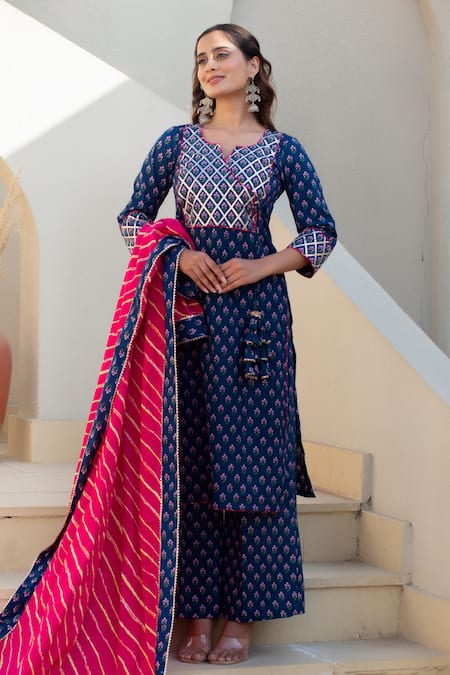 Buy Pomcha Jaipur Blue Cotton Embroidery Open Neck Printed Kurta Set Online at Aza Fashions Buy_Pomcha Jaipur_Blue Cotton Embroidery Open Neck Printed Kurta Set _Online_at_Aza_Fashions